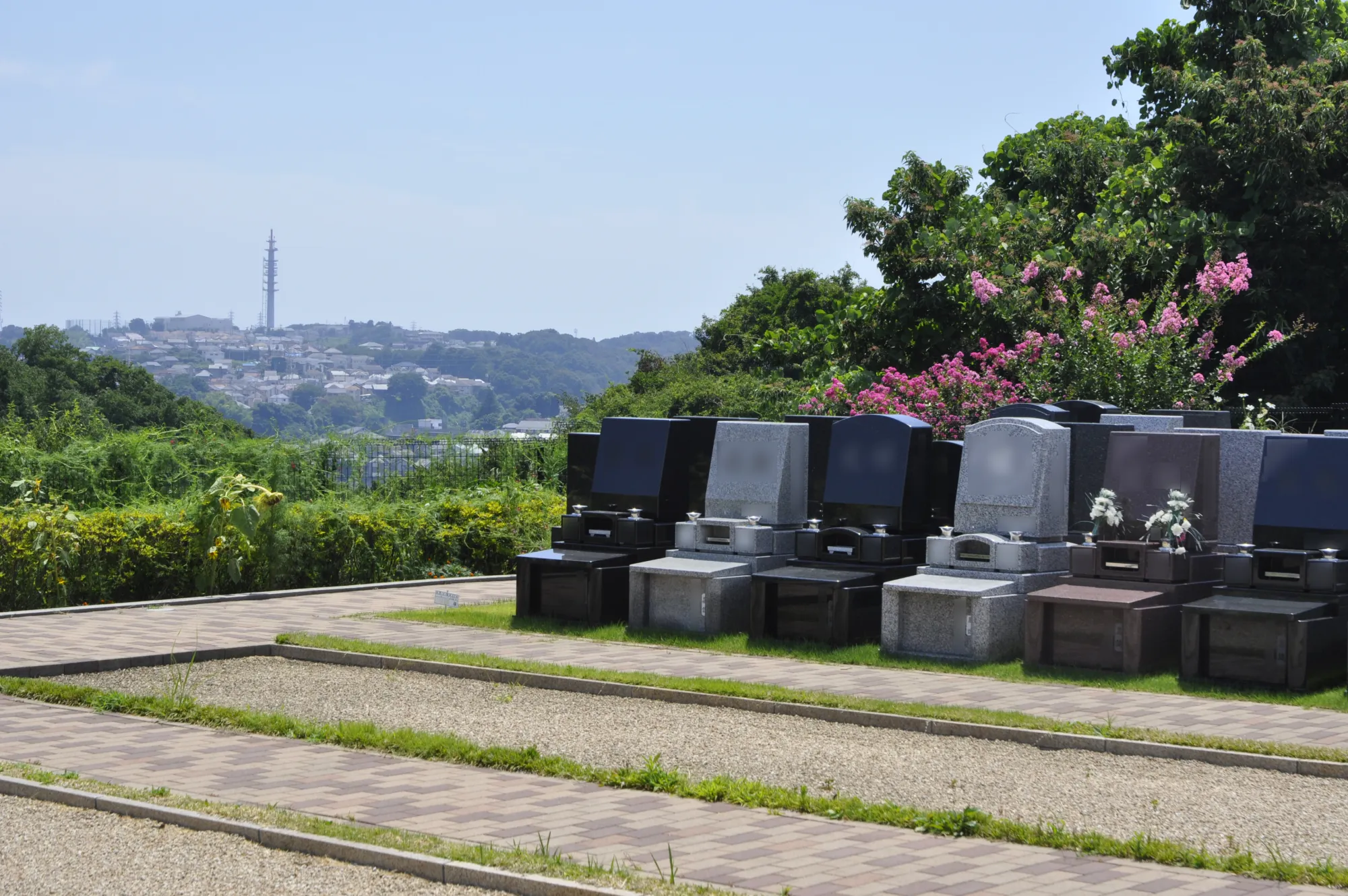 緑の斜面を背景にした墓域