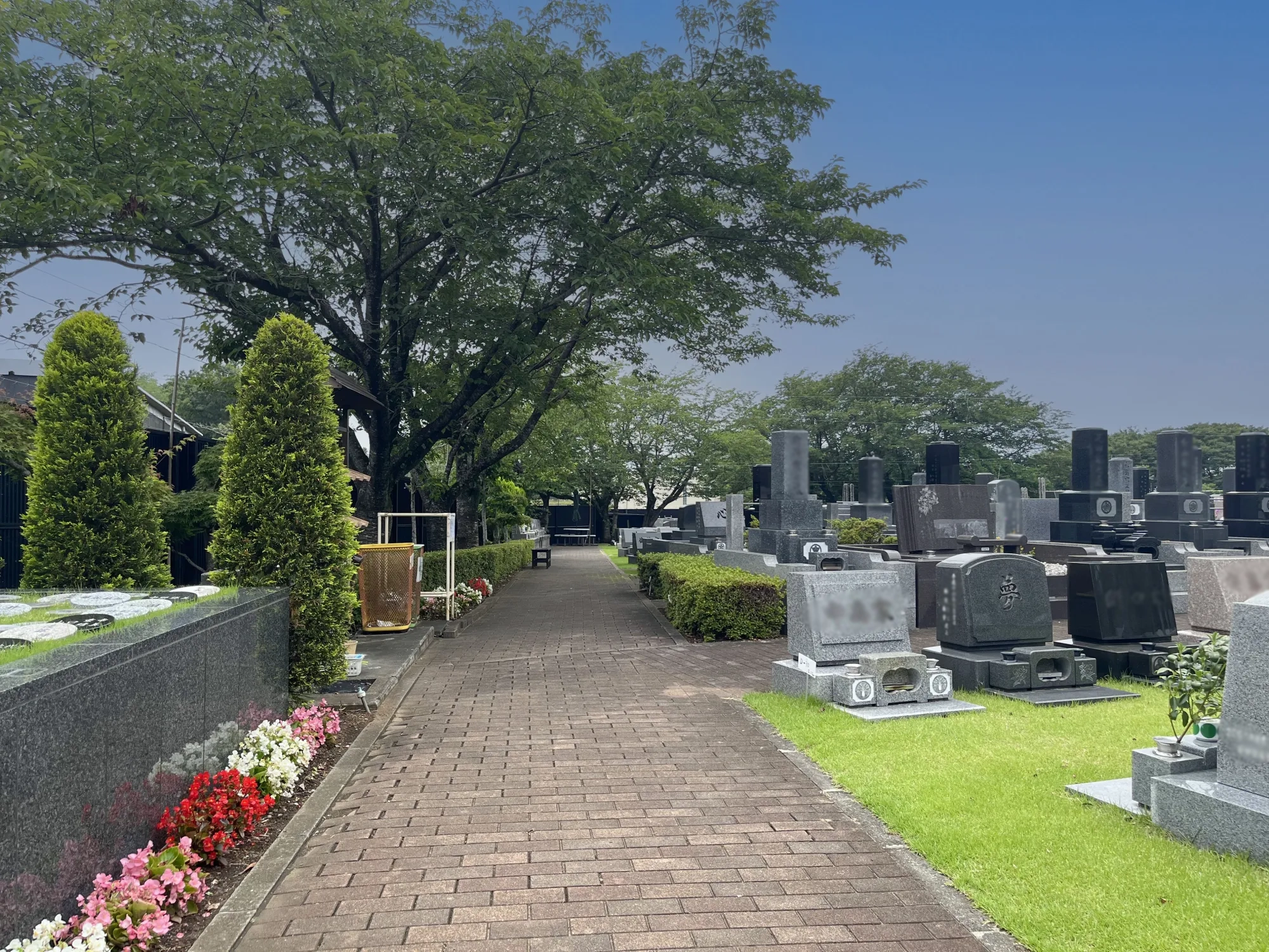 花壇沿いの参道と芝生墓所