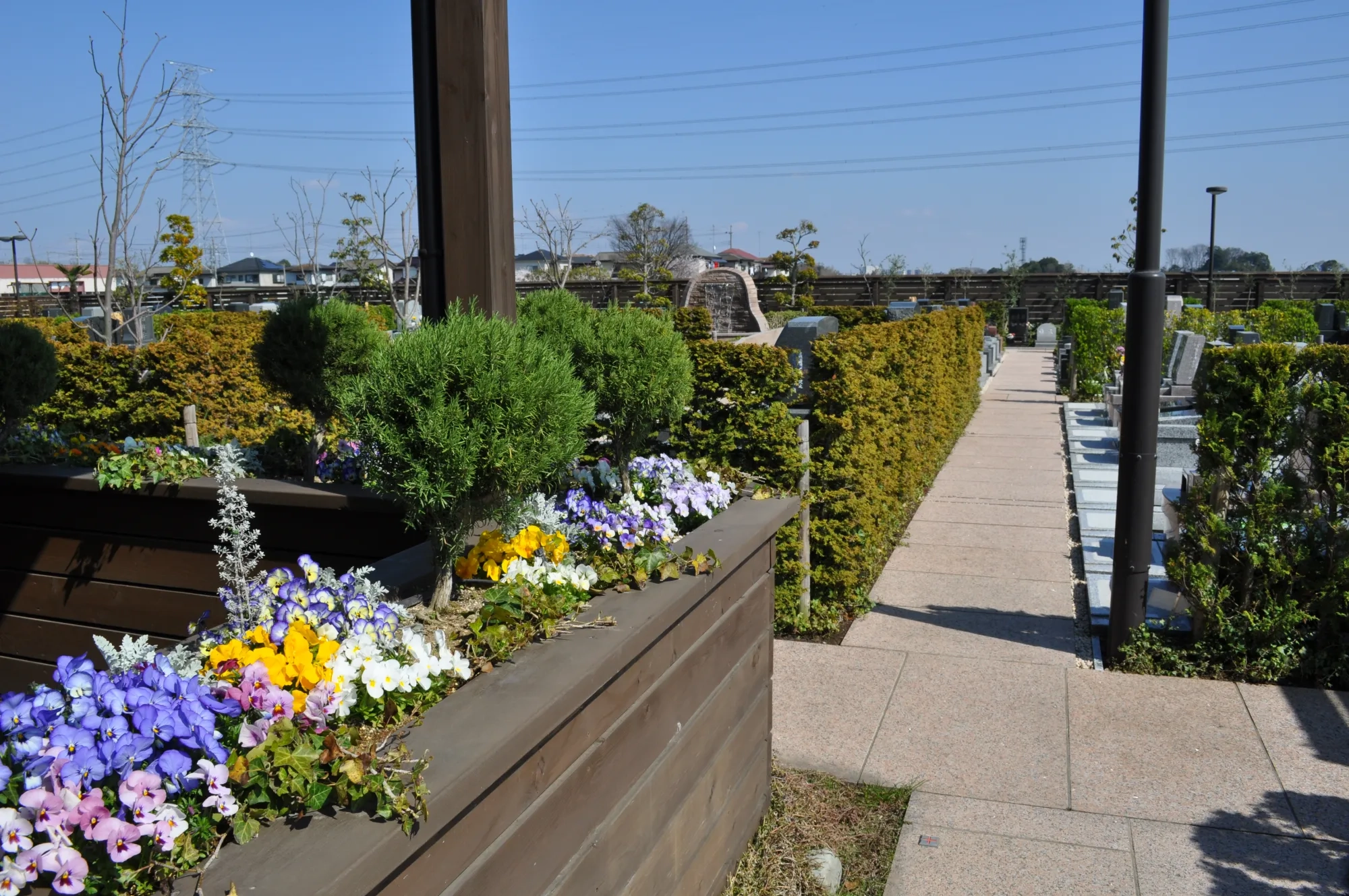 木製プランターの色とりどりの花